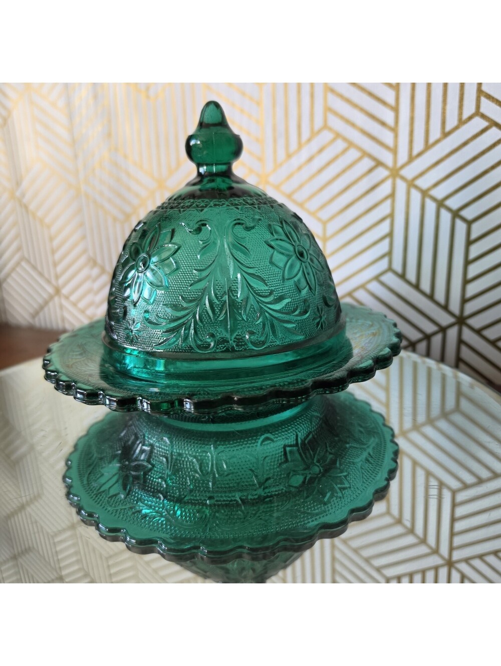 Vintage Tiara Glass Spruce Green Domed Butter Dish Sandwich Pattern EUC